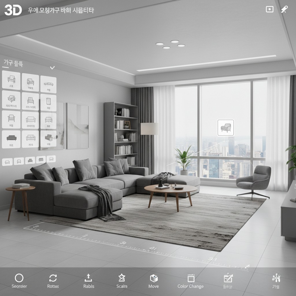 A 3D interior design interface displays a modern living room with a gray sectional sofa, a coffee table, and a menu for selecting furniture.
